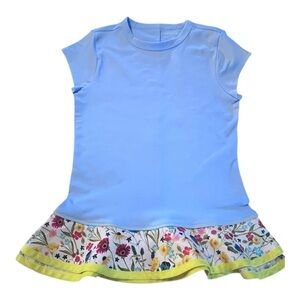 Upcycled Blue Tee with Floral Ruffle Hem | Size S/M | Stretch Fit | Handmade